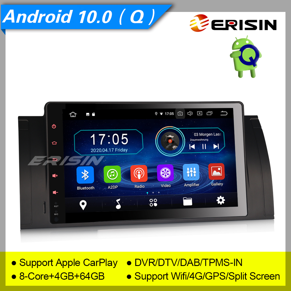 Écran Tactile Prise en Charge CarPlay Android Auto Bluetooth WiFi DSP FM TPMS 8-Core 4GB RAM+64GB ROM Erisin 10.25 Pouces Android 10 Autoradio pour BMW Série 5 E39 X5 E53 M5 GPS Navigation Dab 